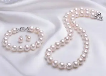 

Miss charm Jew.574 Genuine 10-11mm Akoya White Pearl Necklace &Bracelet &Earring 18inch 7.5-8 " jewelry set hot