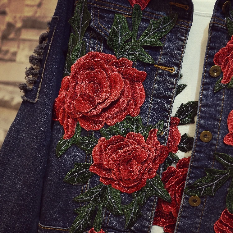 Finest  2018 Spring Autumn New Women's Embroidery Red Rose Short Denim Jacket Coat Hole Long Sleeve Skinny 