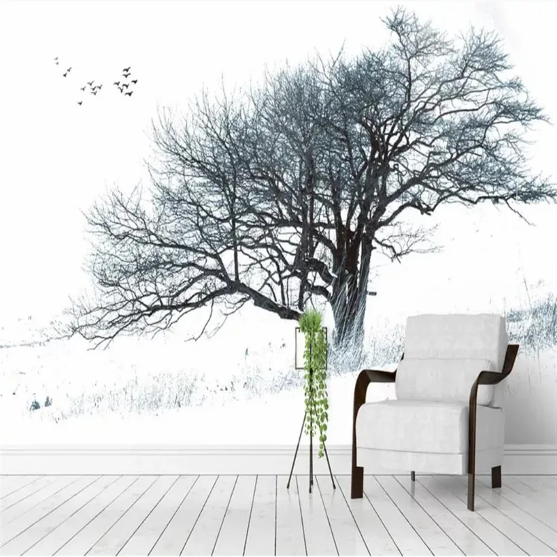 

Custom wallpaper Nordic abstract tree black and white style wall decoration - high-grade waterproof material