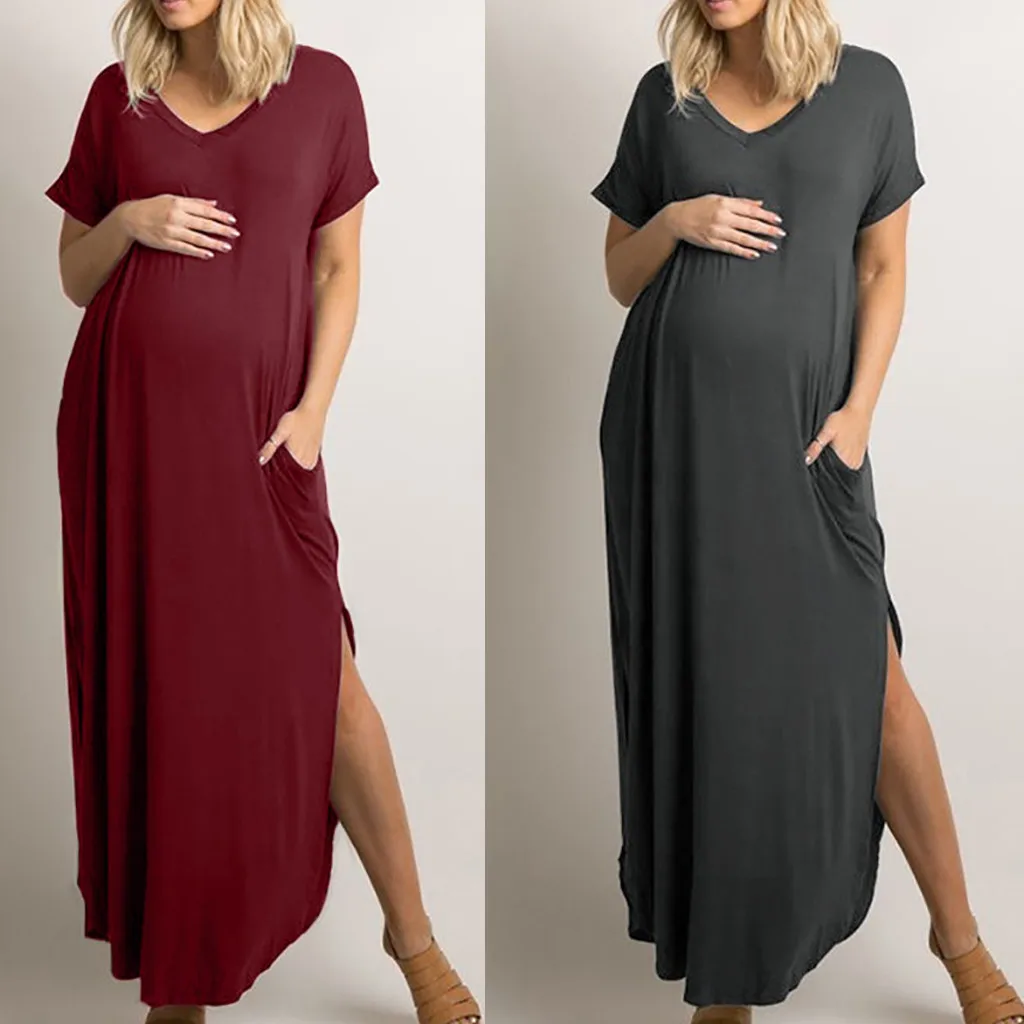 

MUQGEW Long Maternity Dresses Women Short sleeve Solid Color Loose Photography Props Casual Pregnancy Mother Dress Maxi Gown