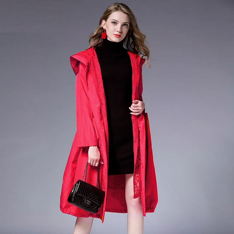 Spring Autumn new Big size long sleeve lace Hooded trench coat Large size ladies' draw string loose lace Elegant coat red black