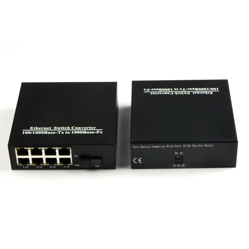 Медиаконвертер оптоволоконный Ethernet 1 пара 10/100 Мбит/с Gigabite одномодовый с 8 RJ45 UTP и SC