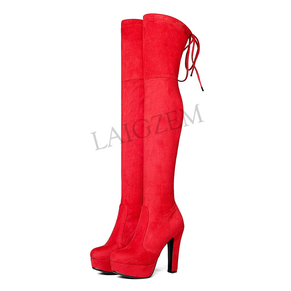 

LAIGZEM FASHION 2020 Knee High Boots Stretch Faux Suede Heels Platform Lace Up Sexy High Heels Autumn Woman Large Size 34-43