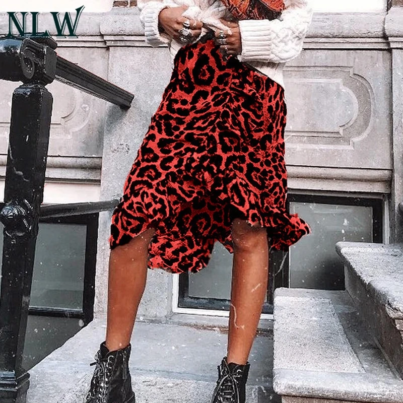

NLW High Waist Skirts Women Ruffles Midi Leopard Print Sexy Asymmetrical Skirts Club Party Casual Mid Skirt Feminino