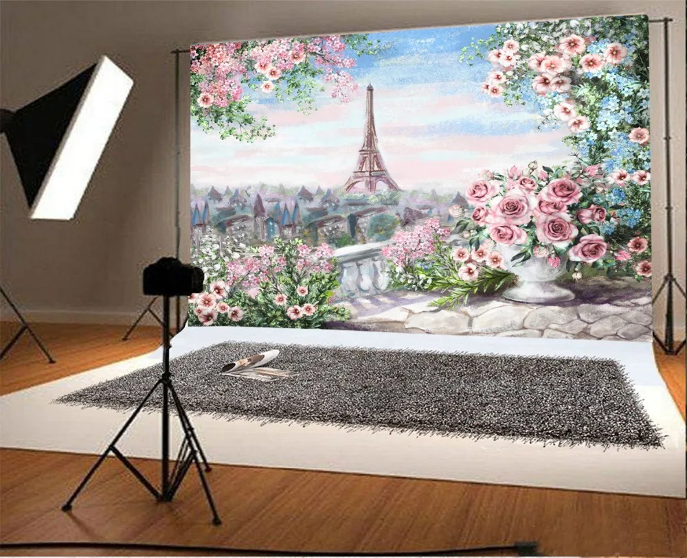 Laeacco Эйфелева башня Париж фотографии фоны цветы балкон живопись Ребенок Пользовательские фотографические фоны для фотостудии