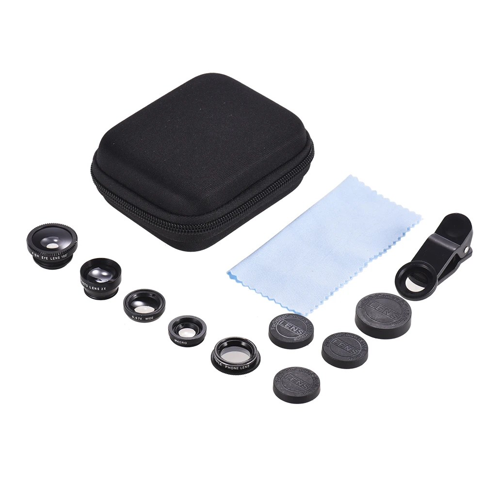 

5 In 1 Mobile Phone Clip-on Lens Phone Lens Kit 0.67x Wide Angle + Macro +180 Degree Fish Eye + 2x Telephoto + CPL Filter Lens