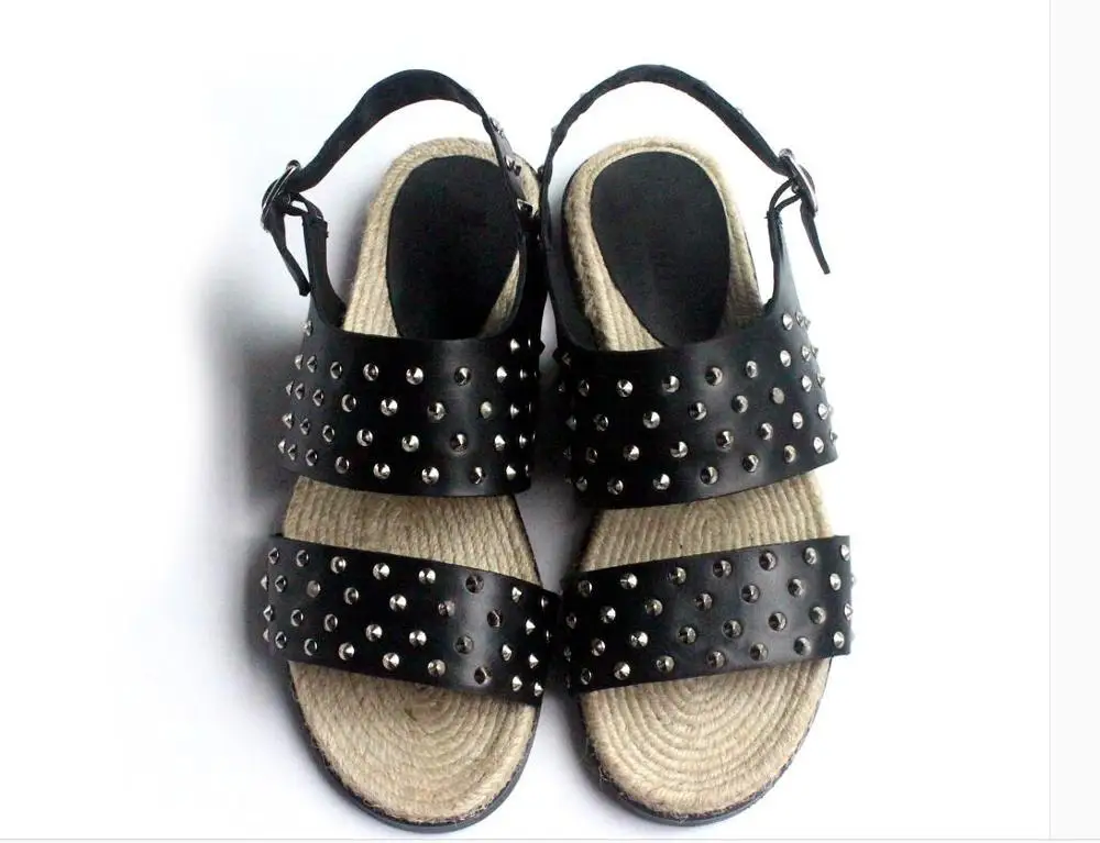 

Black men's Fashion Summer real genuine leather open toe sandals shoes Studded rivets personality Hand-woven rope to warp insole