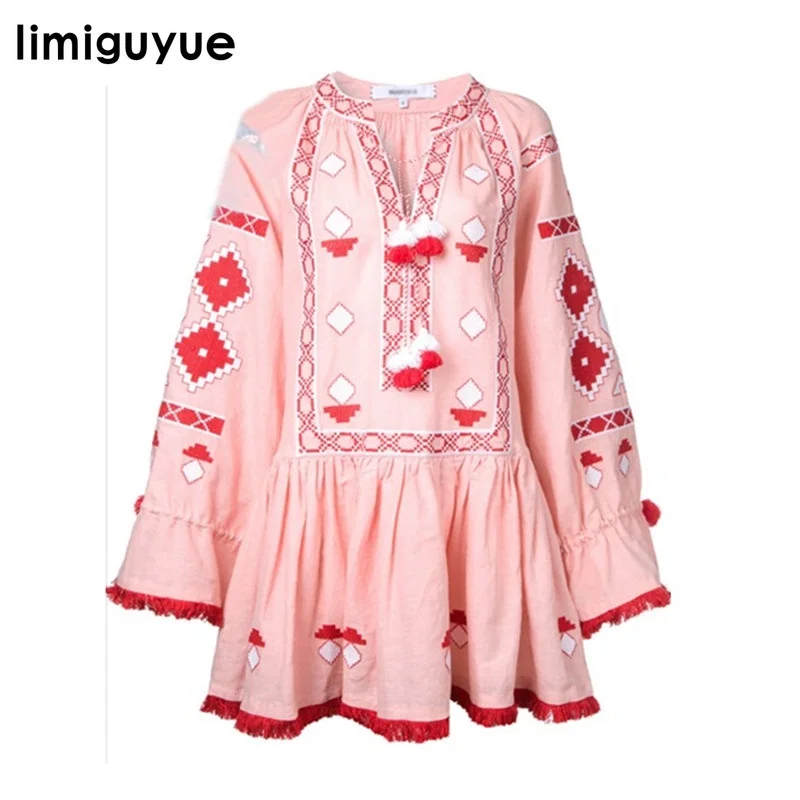 

Hippie Chic Bohemian People Pink Dress Ethnic Tassel Embroidery Brand Autumn Dresses Boho Style Mexican Dress H0339
