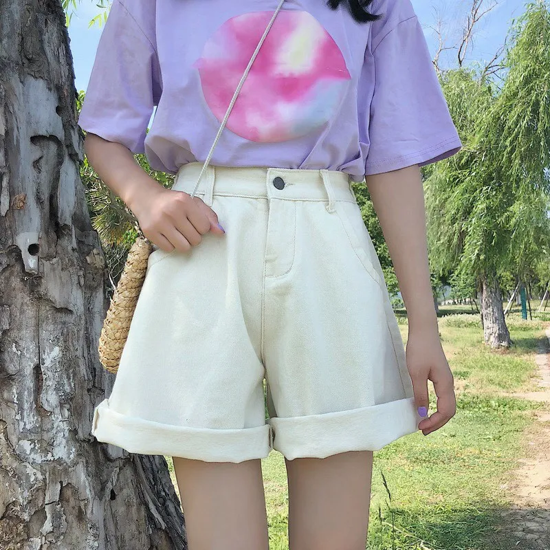 Модные Женские однотонные повседневные шорты Harajuku, джинсовые шорты с высокой талией, корейские свободные шорты с широкими штанинами