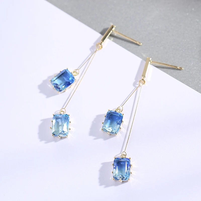 

2019 Luxury Drop Earrings for Women Fashion Long Earring Blue Artificial Crystal Square Dangle Earrings Jewelry Brincos