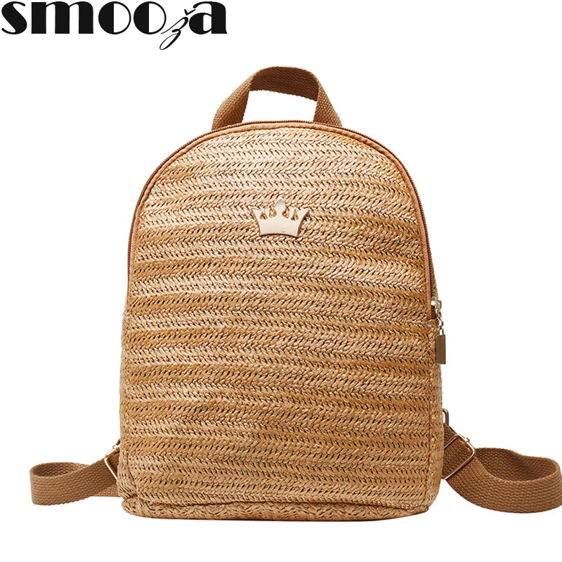 

SMOOZA Women woven Backpack School Rattan bag Student School Bags For Teenage Girls summer beach bag travel mini backpack sac