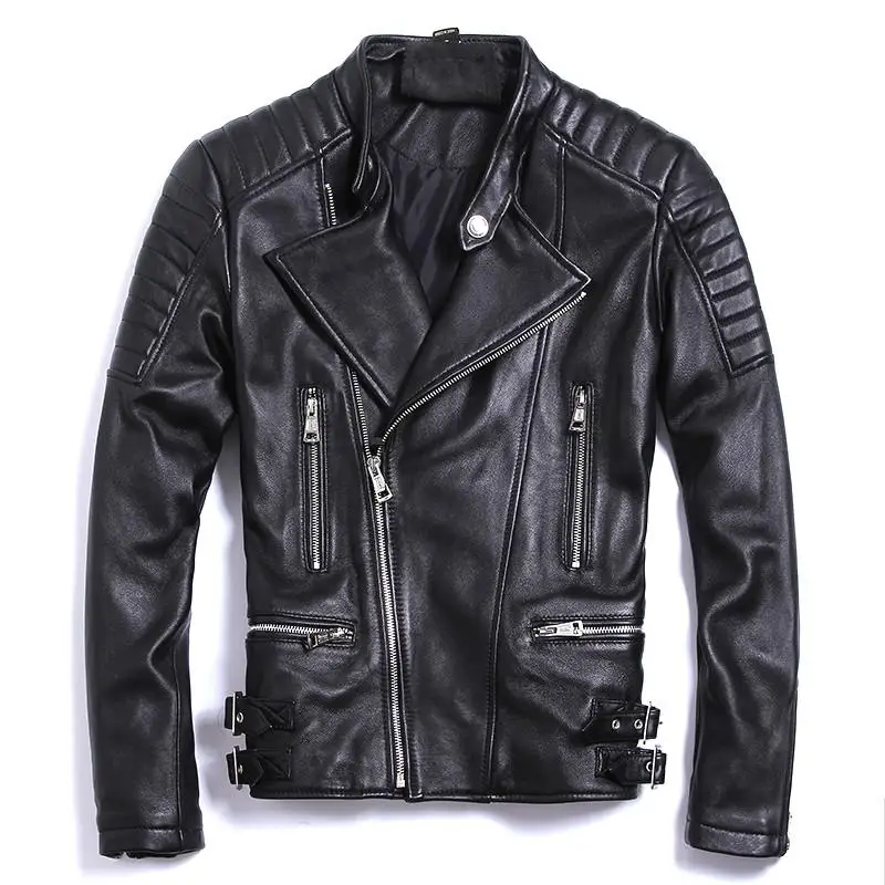 Плюс размер Овчина натуральная кожа куртка мужская куртка-бомбер Черный винтажный воротник-стойка S-5XL короткая молния мотоциклетное пальто - Цвет: Черный