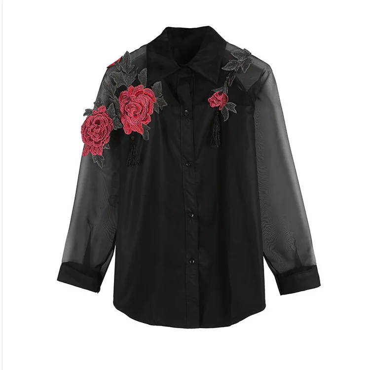 Женская Весенняя Осенняя Повседневная блуза с длинным рукавом, вышитая цветочной кисточкой, рубашка с прозрачной сетчатой панелью, женская блуза