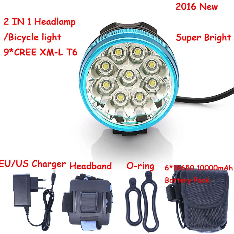 

New Led Headlamp Bike Light 9 * Cree XM-L T6 3 Modes 15000LM Front Bicycle Light Super Power with 6*18650 Battery Pack & Charger