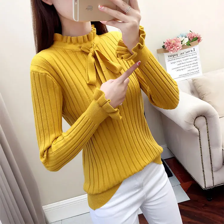 Casual Spring Slim Sweater Winter Knitted Sweater New Lace Up Flare Long Sleeve Ruffle Knitting Pullover Women Sweaters - Color: YELLOW