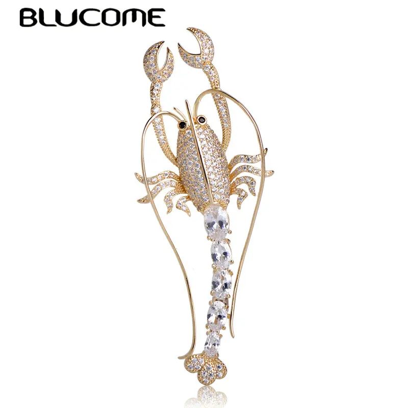 

Blucome Fashion Vivid Lobster Shape Brooch Full Shining Zircons Copper Pins Brooches Jewelry For Women Man Clothes Accessories