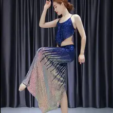 Корейский дизайн сексуальный костюм для восточных танцев 2 шт женский танец живота шоу наряд блестки на платье длинная юбка Золотой