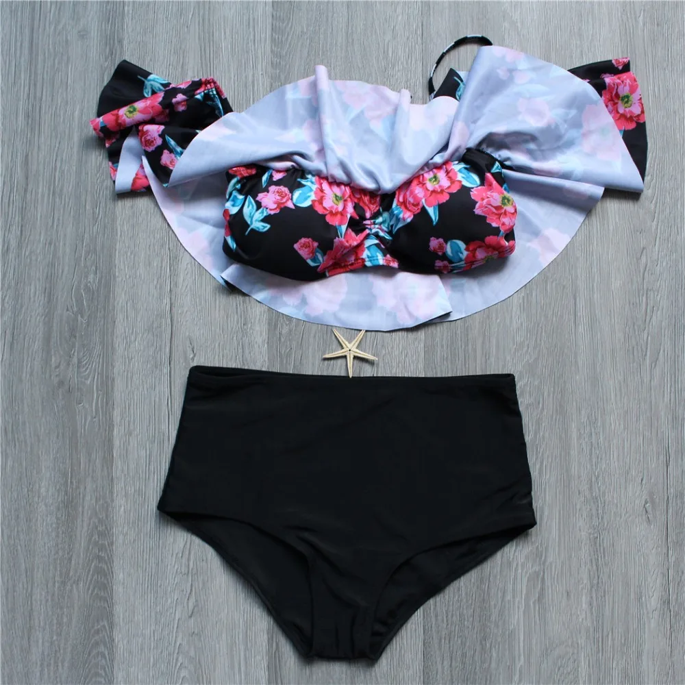 

Sexy high waist Floral print bikini set 2019 women flouncing swimwear bikini swimsuit off shoulder plus size 2XL drop shpping