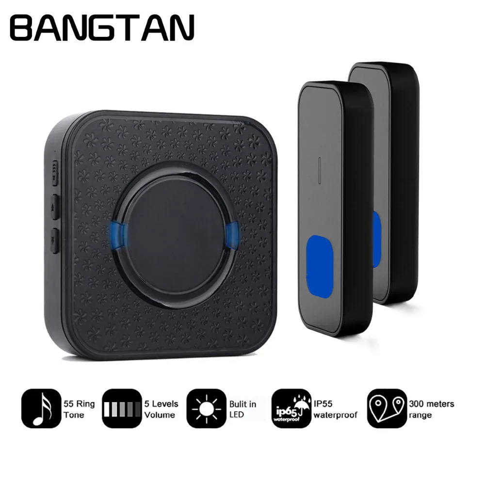 

Waterproof Wireless Doorbell kit with 2 Push Buttons and 1 Plugin Receivers Operating at 300M Range 55 Ringtones(Black)