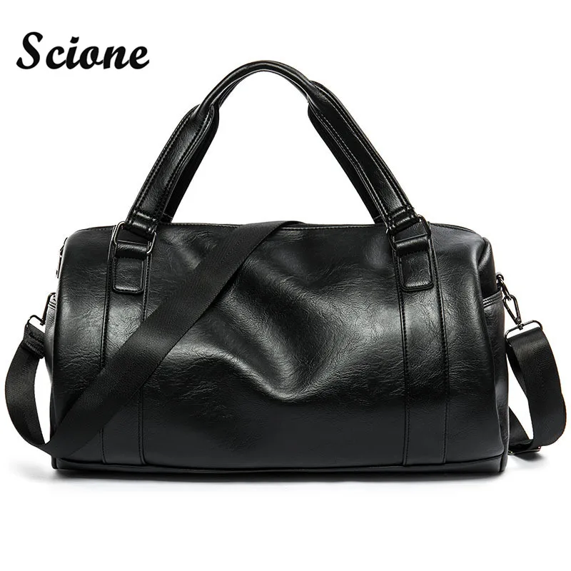 2017 New Men Travel Duffle Bag PU Leather Men s Travel Bags Black Shoulder Handbag Round