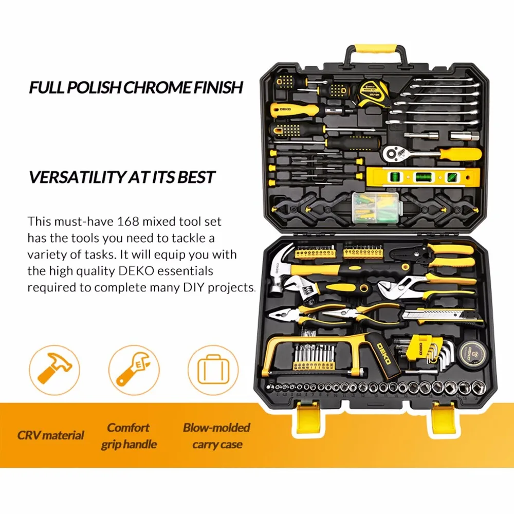 DEKO 168 Pcs Hand Tool Set General Household Hand Tool Kit with Plastic Toolbox Storage Case Socket Wrench Screwdriver Knife DEKO 168 Pcs Hand Tool Set General Household Hand Tool Kit with Plastic Toolbox Storage Case Socket Wrench Screwdriver Knife