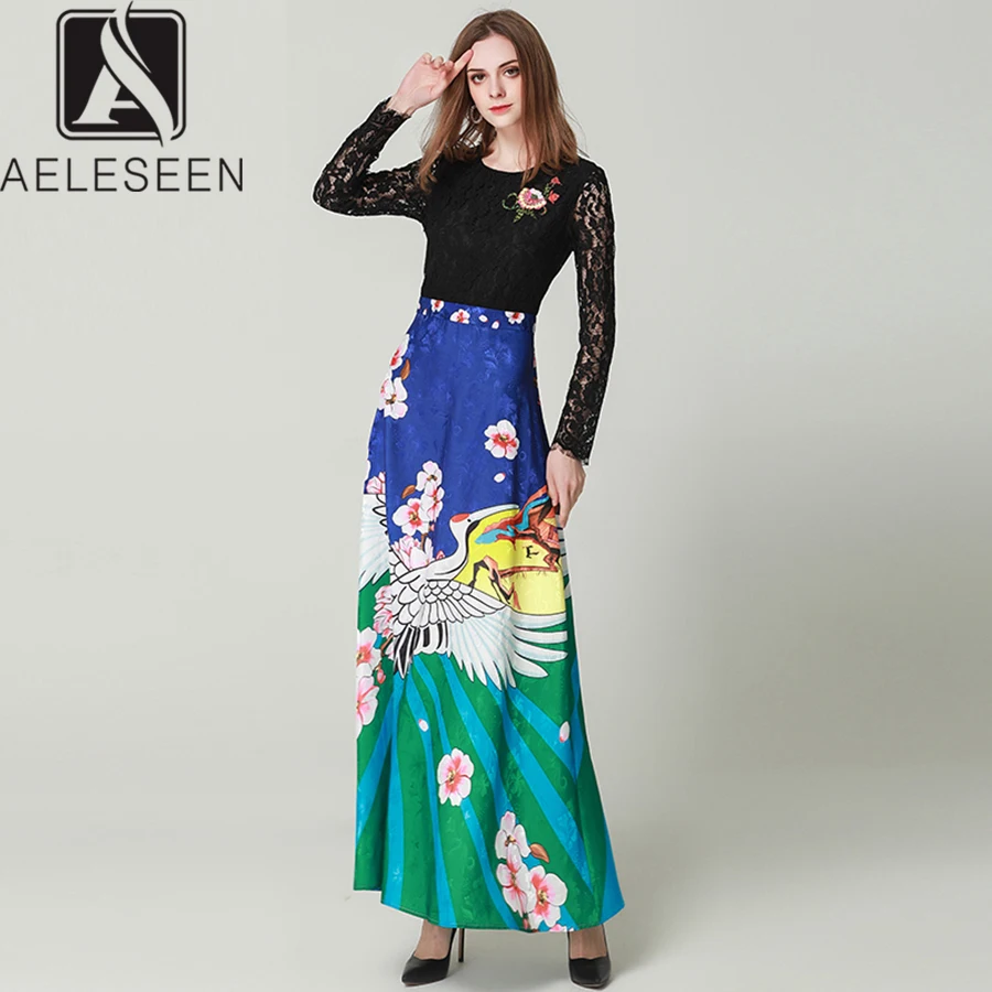 

AELESEEN Summer Runway Dresses Elegant 2019 Women High Quality Black Hollow Out Goose Print Vintage Patchwork Maxi Long Dress