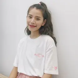 Harajuku Kawaii сладкое сердце вышивка розовый белая футболка Топы Для женщин Лето корейский стиль футболка Femme Kawaii одежда Tumblr