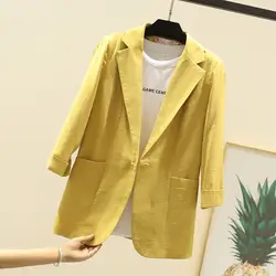 Женский блейзер Feminino, большие размеры 2XL, формальная куртка, женский желтый Блейзер, женский синий хлопковый льняной костюм, офисный