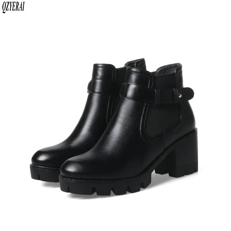 

QZYERAI 2018 winter New 100% genuine leather woman boots chunky and belted cowhide women boots retro shoes woman free shipping