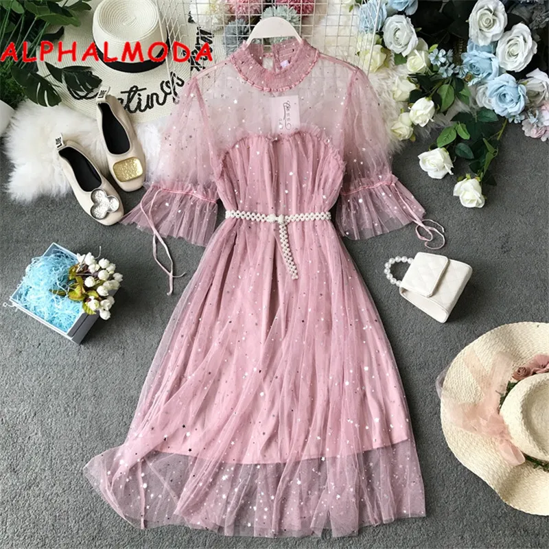 

ALPHALMODA 2019 Summer Women's New Fairy Dress Beaded Sashes Perspective Sparkling Sweet Ladies Lace Dress Vestidos