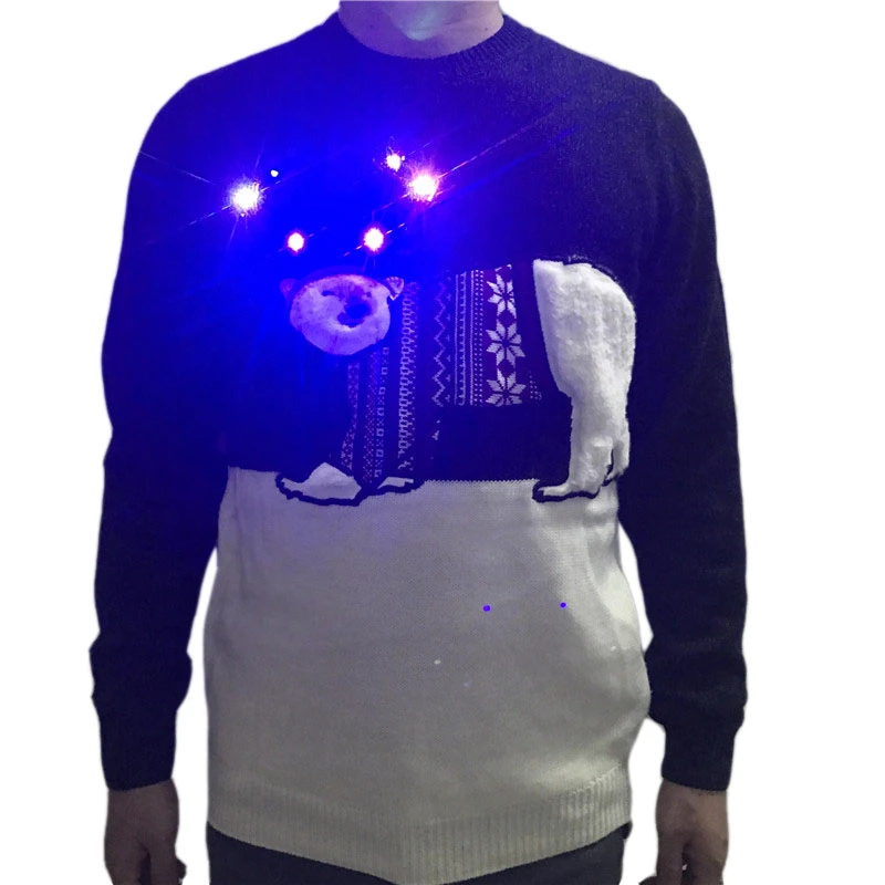 Washable Knitted Light Up Ugly Christmas Sweater for Men Funny Fluffy Polar Bear Knit Ugly Xmas Pullover Jumper Plus Size