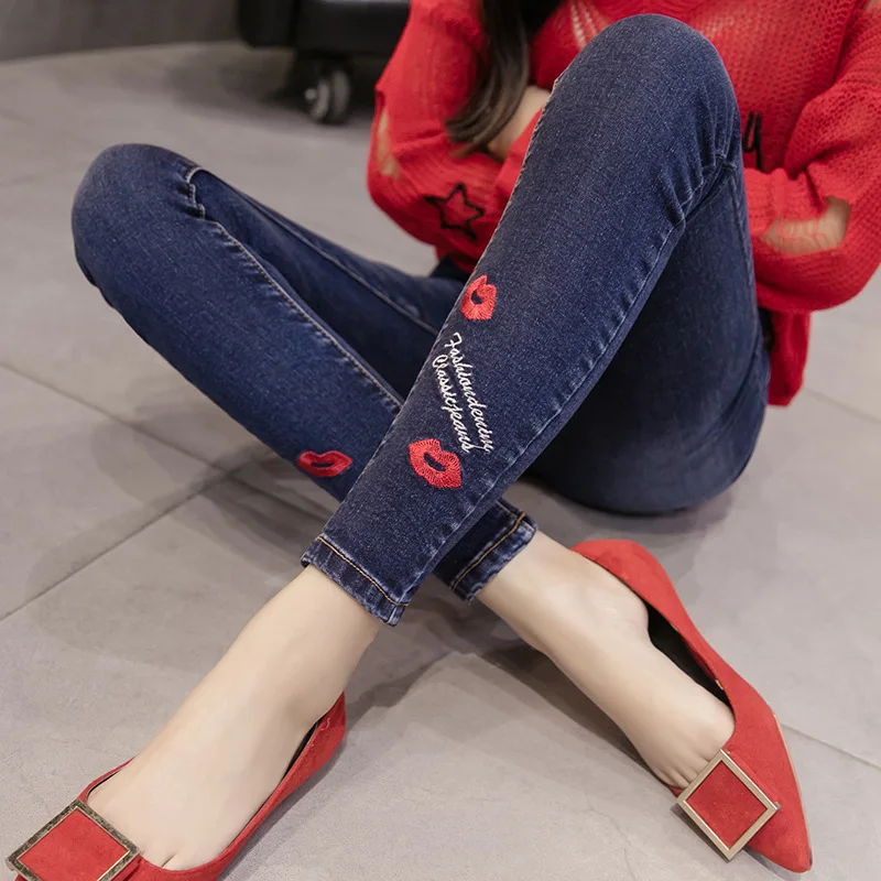 Embroidery High Waist Jeans Woman Skinny Holes Ripped
