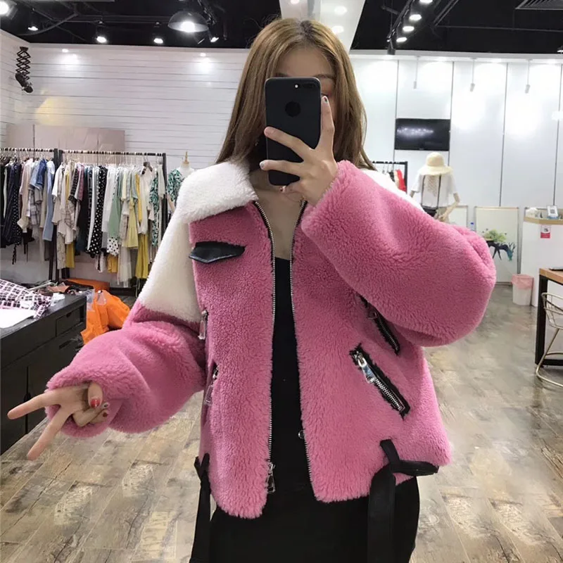 

High quality sheep fur coat patchwork leather jacket women winter 2019new fashion real price sheep shearing Motorcycle fur parka