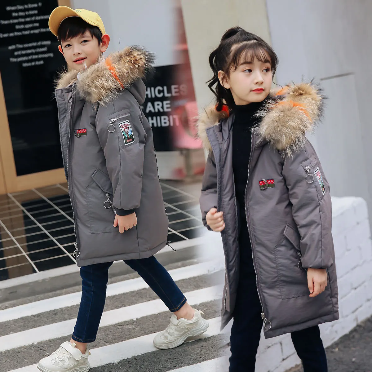 

Fur Hood Coat Kids Winter Girls Duck Down Jackets for Boy Sequins Embroidery Long Parkas size 8 10 12 14 year Children Outerwear