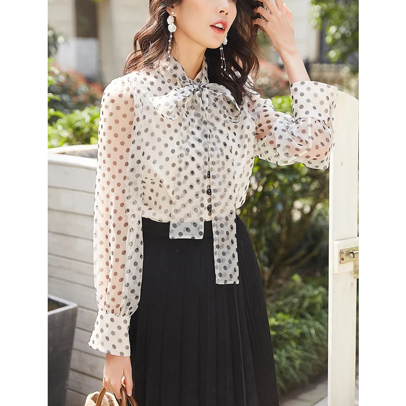 

Vintage Women Full Sleeve Summer Blouse 2019 Female See Though White Blouse Runway Full Sleeve Polka Dot Office Blouse Blousa