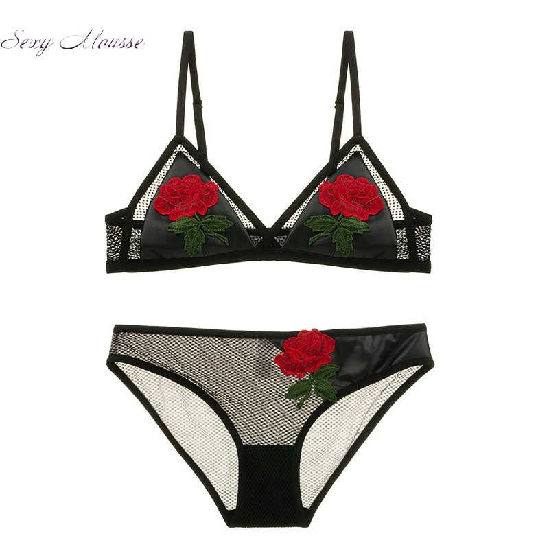 

sexy mousse embroidery rose fashion mesh bra and briefs sets women underwear sexy young girl black white wireless new arrival
