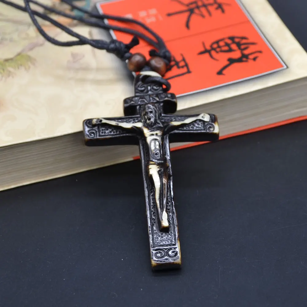 

UMGODLY Imitation Yak Bone Prayer Cross Totem Pendant Tribal Hawaiian Surfer Wood Beads Choker Necklace Talisman Gift Jewelry
