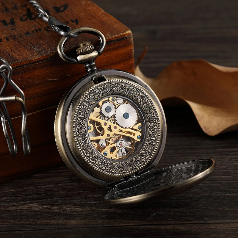 Dupla Face Mecânica Pocket Ver Homens Oco Steampunk Esqueleto Mão Vento Vintage Pocket & Fob Relógio Masculino Relógio Cintura Cadeia - Image 3