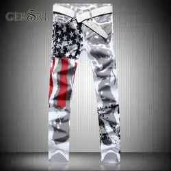 Gersri, новые модные мужские джинсы, государственный флаг США, рваные джинсы, прямые мужские джинсы, тонкие накладные штаны с дырками