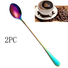 2PC Colorful Stainless Steel Long Handle Coffee Ice Cream Spoon Stainless Steel Colorful Spoon Long Handle Spoons Utencils