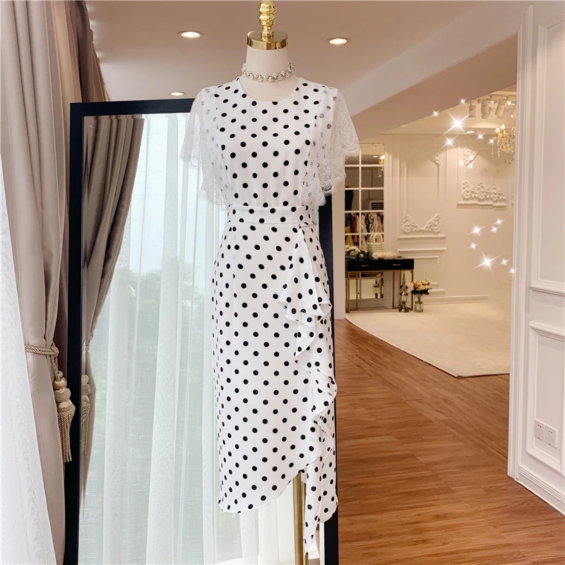 

HIGH STREET New Fashion 2019 Designer Runway Dress Women's Butterfly Sleeve Lace Patchwork Dot Print Dress