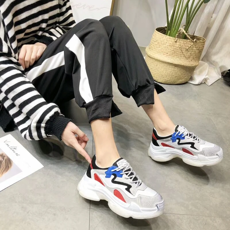 

Shoes Women Fashion Brand Platform Sneakers Genuine Leather Fashion Brand zapatillas mujer Female footware Patchwork Cross-tied
