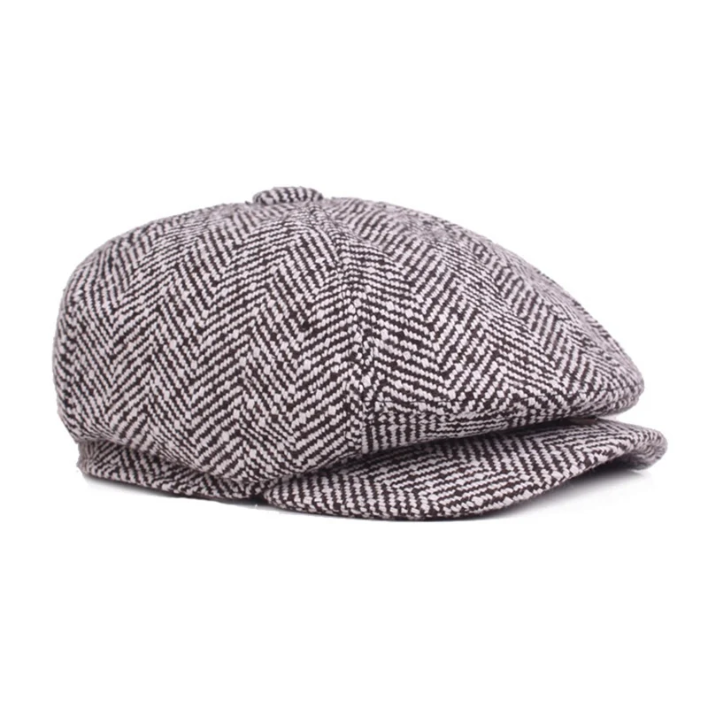 Mens Herringbone Tweed Gatsby Newsboy Cap Fashion Autumn Winter Beret