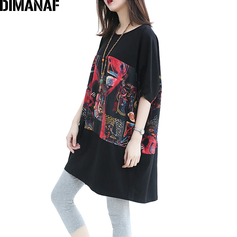 DIMANAF Women Plus Size T-Shirt Cotton Summer O-Neck Pattern Batwing Sleeve Print Patchwork Female Casual Oversize Loose T-Shirt