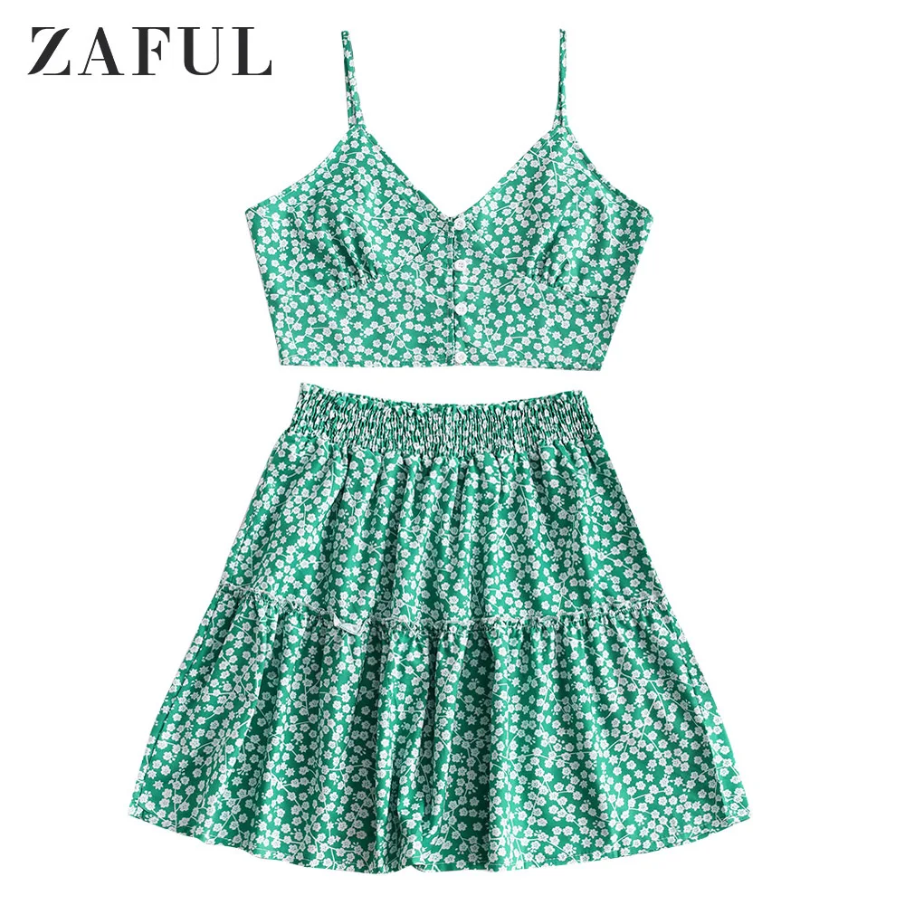ZAFUL Комплект модной юбки с цветочным принтом на пуговицах, юбка на тонких бретельках, винтажный комплект из 2 предметов, укороченный топ, юбка с высокой талией, уличная одежда - Цвет: Green