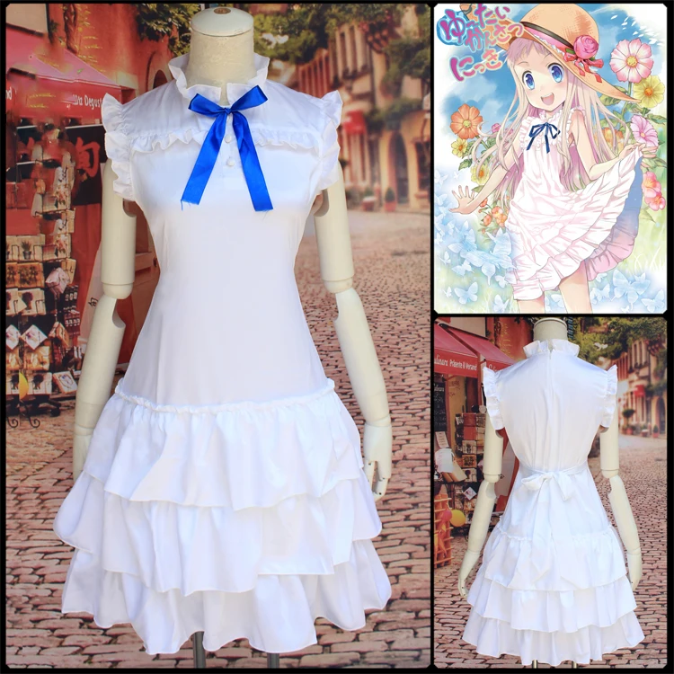 Anime Anohana Cosplay Menma Honma Meiko The Flower  Costume for Halloween Party Female Role Play White Dress
