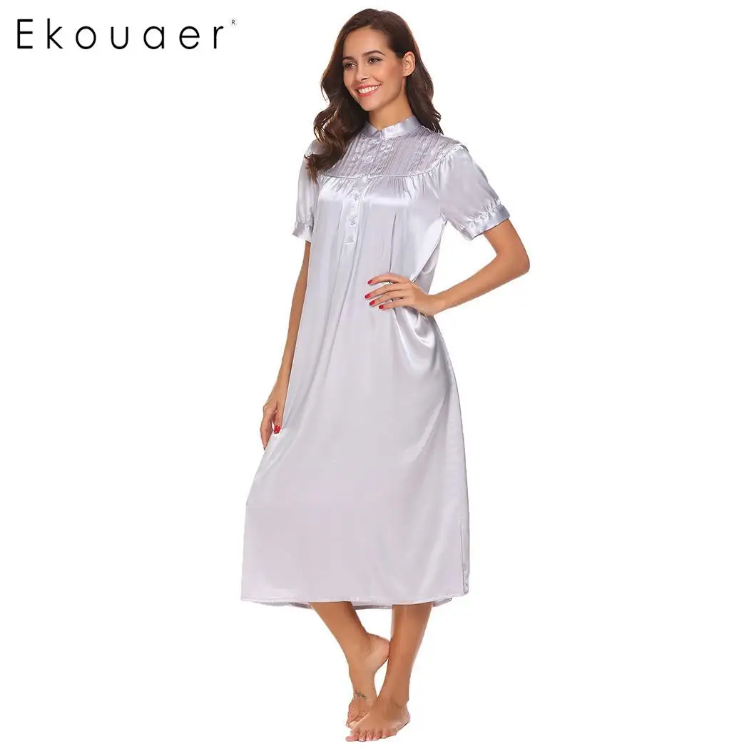 Ekouaer ночная рубашка для женщин атласная одежда сна воротник стойка короткий