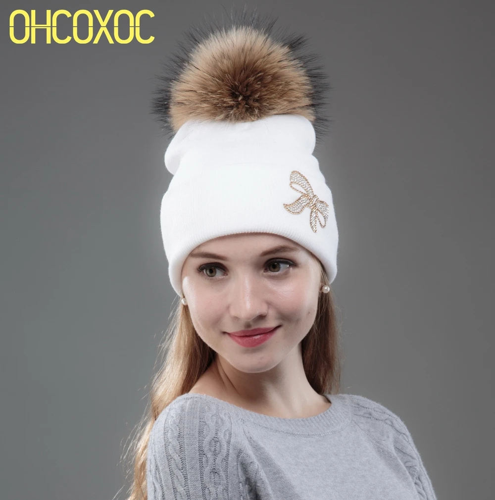 

Women brand pom pom winter hats beauty beanies genuine FOX mink fur ball pompoms with bowknot pattern crystal causal winter hat