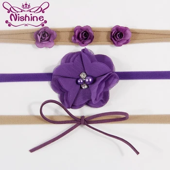 

Nishine 10sets/lot Chiffon Pearl Flower Rose Nylon Headband Elastic Handmade Bow Newborn Hairband Set Girls Hair Accessories