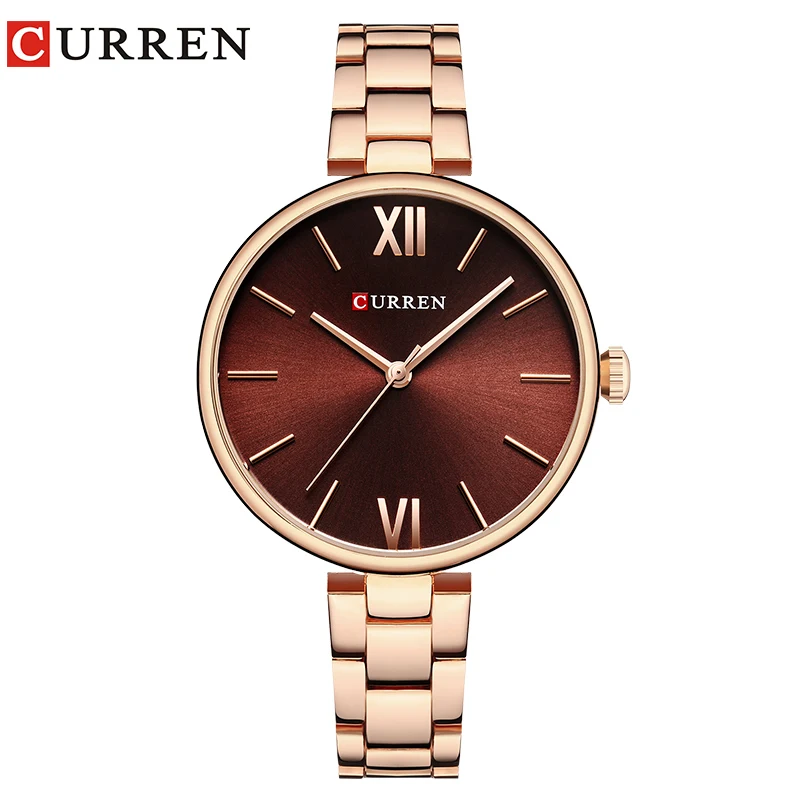 CURREN Simple Fashion Stainless Steel Analog Quartz Wrist Watch Calendar Female Dress Watch Women Clock Relogio Feminino 9017 - Цвет: rose coffee